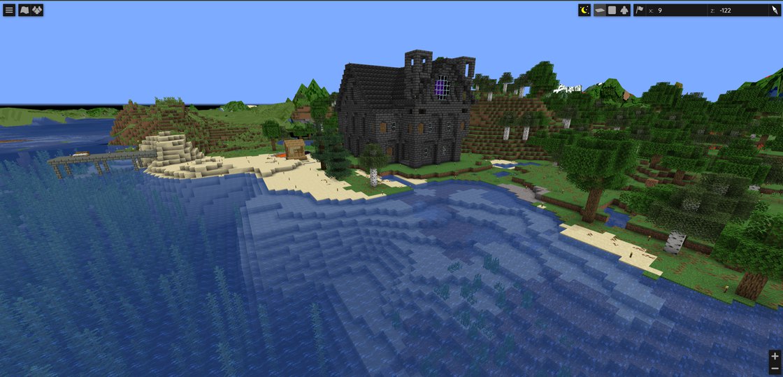 マイクラの海辺に建つ、黒い石の大きな建物