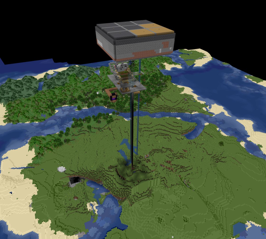 マイクラの地形を見下ろす、高く伸びた大きな建築物